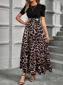 SHEIN Clasi Leopard Print Puff Sleeve Ruffle Hem Belted Dress Maxi Women Outfit - Multicolor - View 5