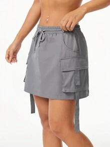 SHEIN EZwear 女士灰色實用束腰迷你短裙 - 灰色 - 查看 4