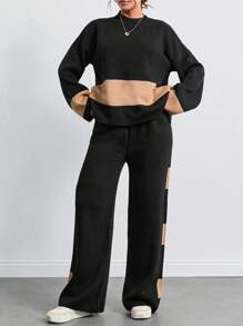 SHEIN Tall Women's Color Block Knitted Sweater Two Pieces Set, Tall Women - Black - View 5