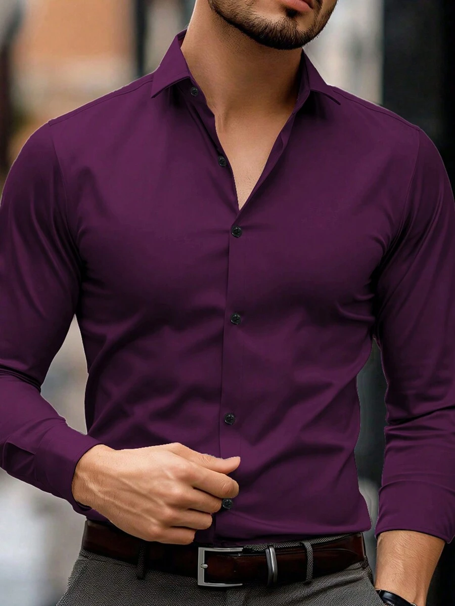 Manfinity Mode Camisa casual de manga larga de unicolor para hombres, para primavera/verano y otoño - Morado - Ver 1
