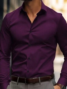 Manfinity Mode Camisa casual de manga larga de unicolor para hombres, para primavera/verano y otoño - Morado - Ver 3