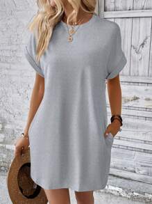 INAWLY Plus Solid Batwing Sleeve Tee Dress