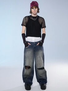 Manfinity Denimwave Simple Daily Distressed Jeans för män, Street Style - Blågrön - Visa 3