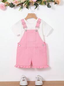 SHEIN 女童粉色牛仔褲短褲，配有褶皺肩帶 - 粉色 - 查看 3