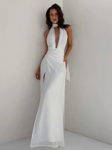 Aloruh Women's Spring/Summer Wedding Season Party Deep V-Neck Backless Halter Chiffon Cinched Waist A-Line Dress,White Graduation Dress - White - View 6