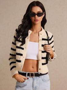 Poéselle Women Clothes, Fall Clothes, Women Sweaters, Striped Cardigan, Women Vintage Fisherman Knits Stripe Twist Cardigan, Faux Horn Button Detail, Extra Thickness Comfy Cardigan Sweater Heavy Knitwear, Extra Workmanship, Fall Winter Clothes, Effortless Chic Essential, Bon Chic Bon Genre, Bridgerton, Long Sleeve Tops