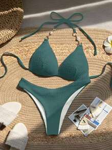 SHEIN Swim 夏季海滩女士纯色露背性感比基尼套装，带分体比基尼套装，非常适合度假 - 彩色 - 查看 4