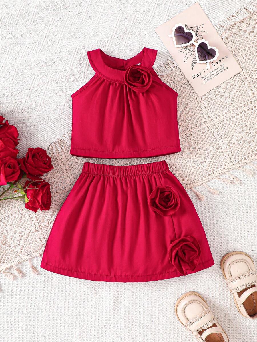 SHEIN Baby Mädchen 2-teiliges Set für den Sommer, rotes Baumwoll-Neckholder-Top mit Dekor und Blumen verzierter Rock