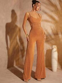 SHEIN Unity Open Back Slinky Jersey Knit Wide Leg Jumpsuit - Brown - View 1