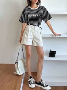 DAZY 女式夏季条纹字母印花圆领休闲落肩袖T恤，图案T恤 - 黑色 - 查看 2