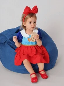 SHEIN Baby Girls' Summer Woven Fashionable Color Block Peter Pan Collar Little Girl Pilot Cloak Dress, Holiday Style Outfit