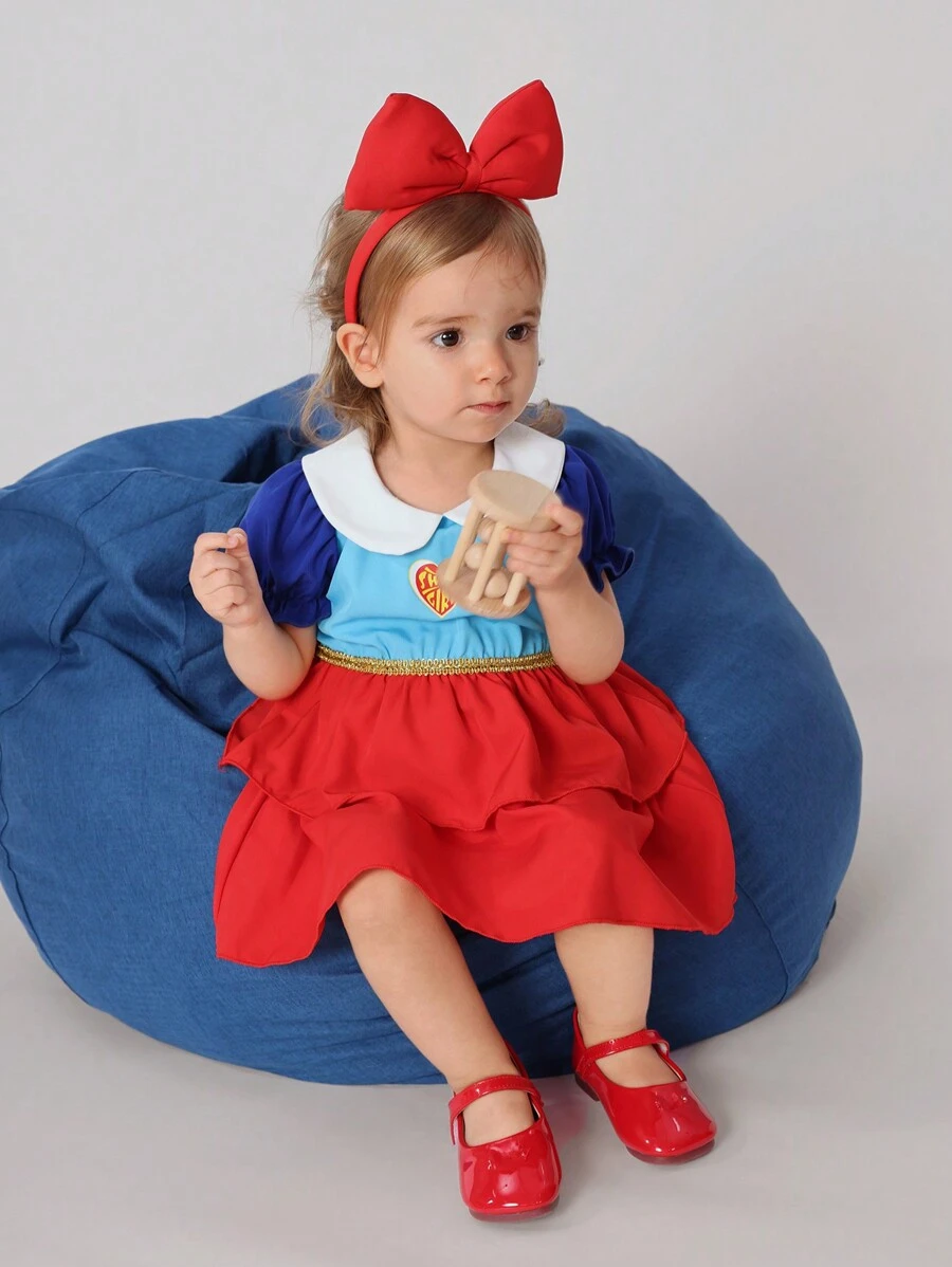 SHEIN Baby Girls' Summer Woven Fashionable Color Block Peter Pan Collar Little Girl Pilot Cloak Dress, Holiday Style Outfit