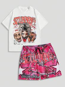 ROMWE MEN Street Life 2pcs Men's Portrait Printed Short Sleeve T-Shirt And Shorts, Suitable For Daily Wear In Spring And Summer, School - White - View 1