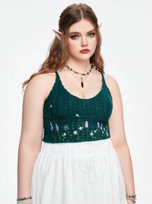 ROMWE Fairycore Spring Flower Embroidery V-Neck Criss-Cross Tank Top Plus Size Knit Sweater