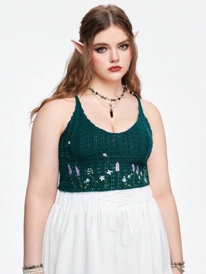 Fairycore Spring Flower Embroidery V-Neck Criss-Cross Tank Top Plus Size Knit Sweater