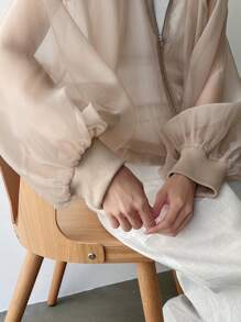 FRIFUL Zip Up Long Sleeve Bomber Jacket Sheer
