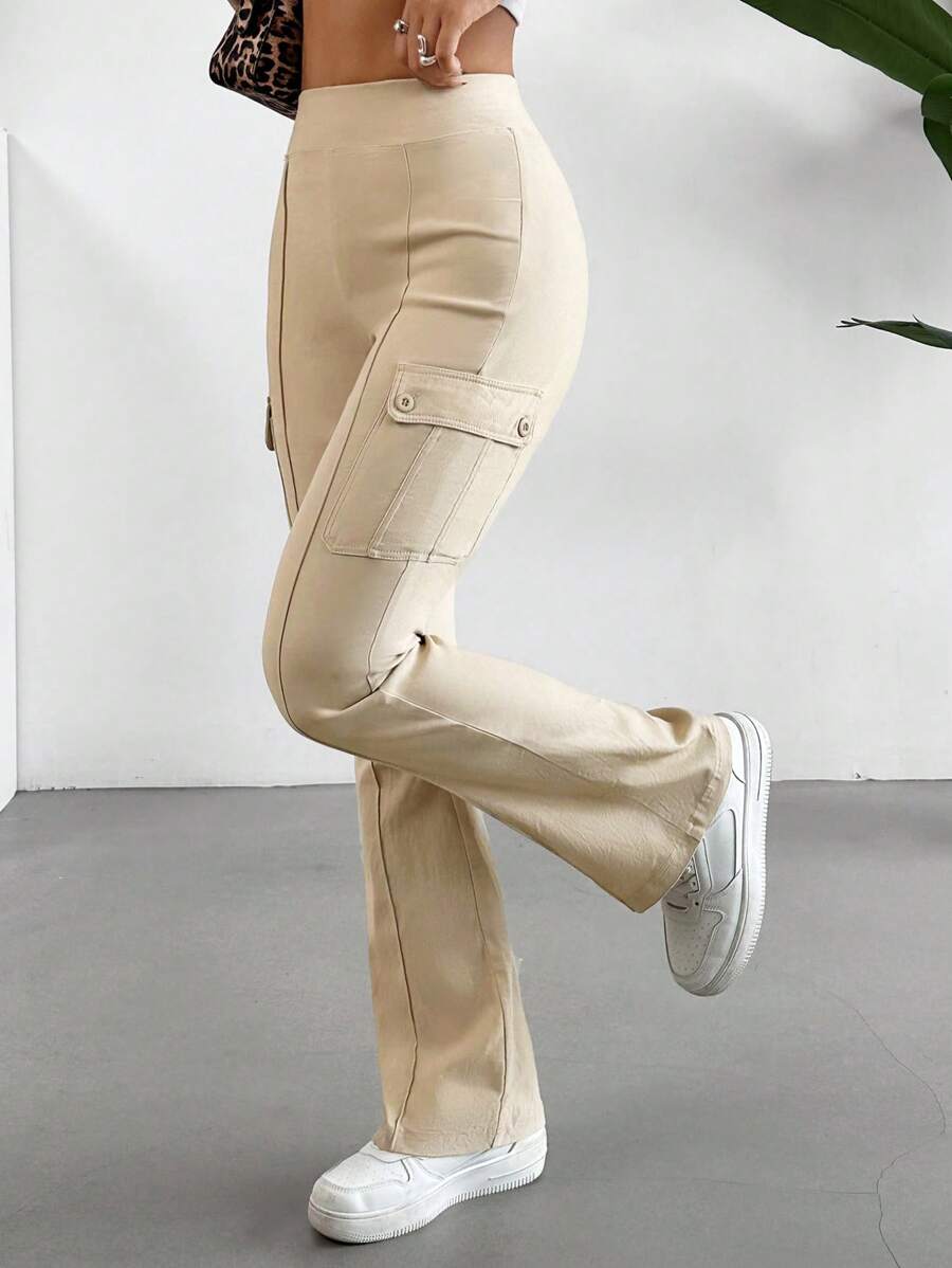 SHEIN EZwear Stretch Pull-On Kick Bootcut Cargo Pants - Khaki - View 1