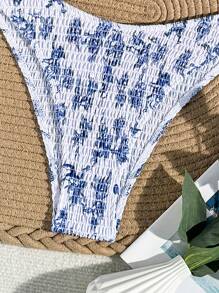 SHEIN Swim 女士夏季海灘花卉印花抽褶無肩帶性感比基尼套裝，隨機印花 - 彩色 - 查看 3