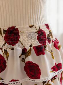 Soleia Kỳ nghỉ lãng mạn Hoa hồng họa tiết ren A-Line Eo cao xếp lớp Váy cỡ lớn - Nhiều màu - Xem 5