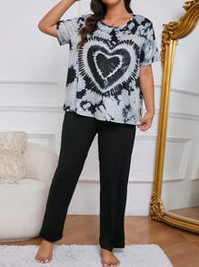 Plus Size Tie-Dye Short Sleeve Top & Solid Color Long Pants Pajama Set, Outfits - Black - View 7