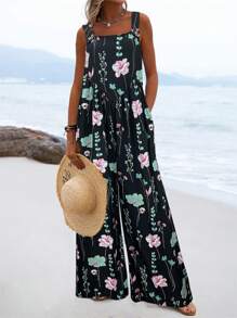 SHEIN LUNE 花卉印花寬腳連身褲，適合渡假和休閒 - 彩色 - 查看 1