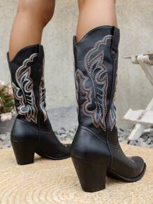 Fall/Winter 2025 Women's Western Cowboy Boots Pointed Toe Mid-Calf Booties Embroidered Chunky Heel Boots Fashion Boots - Black - View 4