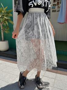 DAZY 女性實色高腰蕾絲裙 - 白色 - 查看 7