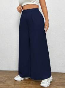 SHEIN EZwear Plus Solid Wide Leg Pants - Navy Blue - View 3