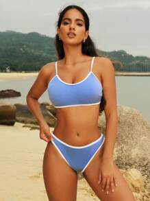 SHEIN Swim 女士夏季沙滩撞色装饰户外运动比基尼套装，两件套泳衣 - 藍色 - 查看 1