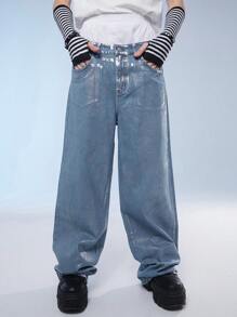 Manfinity Roghcode Men's Baggy Wide Leg Casual Jeans With Pockets, Streetwear - Light Wash - View 1