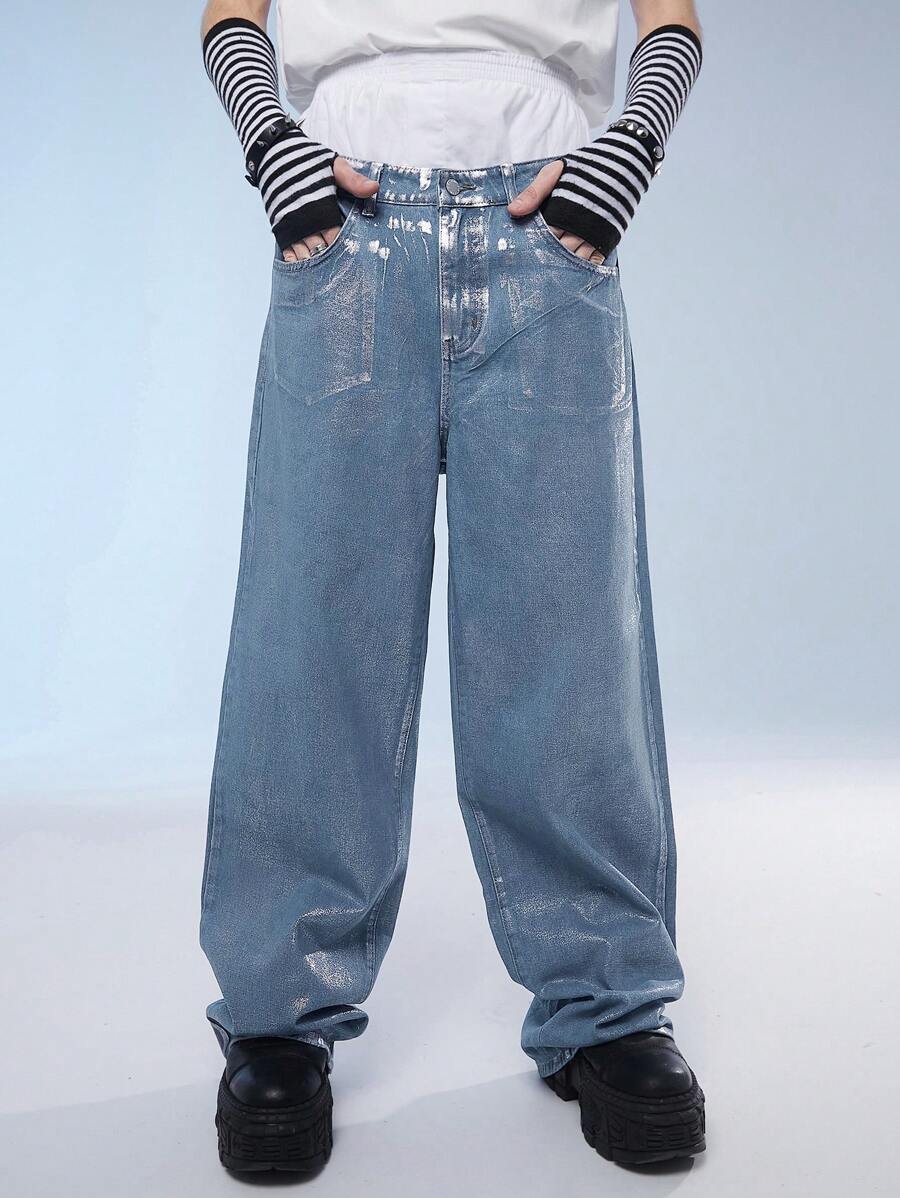 Manfinity Roghcode Men's Baggy Wide Leg Casual Jeans With Pockets, Streetwear - Light Wash - View 1