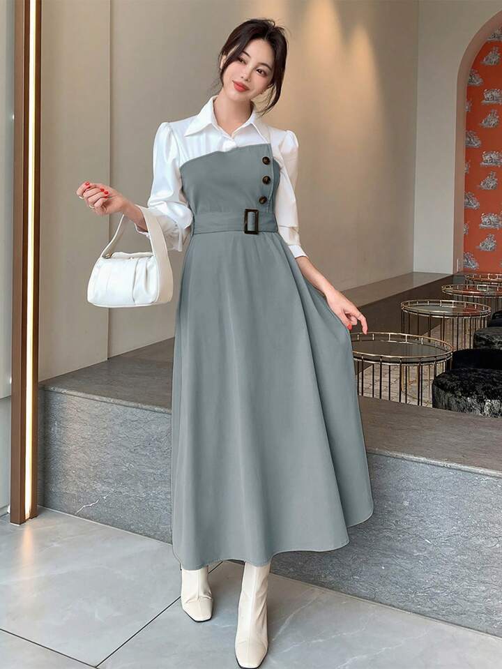 DKNY ライン綺麗 カラーブロック シース ドレス 人気 カラードレス グレー 上質オーガンジー ベアトップ プリンセス
