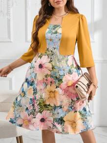 SHEIN Clasi Váy chữ A in hoa cỡ lớn với thiết kế 2 trong 1, tay ngắn và eo thắt cho trang phục giáo viên có túi - Nhiều màu - Xem 4