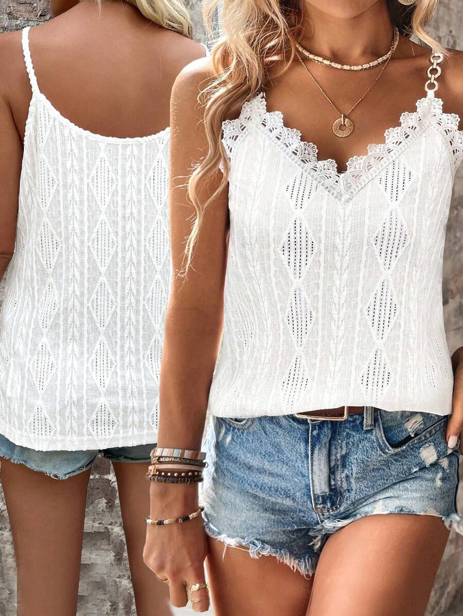 EMERY ROSE 女士純色蕾絲接著休閒背心上衣，夏季 - 白色 - 查看 1