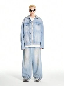 Manfinity Hypemode Men's Light Blue Vintage Distressed Denim Oversized Hooded Jacket - Light Wash - View 7