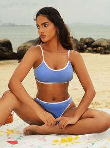 SHEIN Swim 女士夏季沙滩撞色装饰户外运动比基尼套装，两件套泳衣 - 藍色 - 查看 5