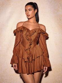 SHEIN SXY Vintage Princess Ballet Style Shades Of Brown Multi-Layered Ruffle Hem Mini Dress,Spaghetti Straps Backless Design,Seductive Autumn Date Night Dress - Brown - View 3