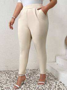 SHEIN Privé Plus Solid Slant Pocket Skinny Pants - Apricot - View 3