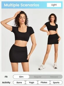 Easithlete Falda deportiva de yoga de cintura alta para mujer, unicolor y ajustada al Body - Negro - Ver 7
