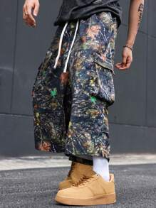 Manfinity EMRG Men's Vintage Camouflage Loose Wide Leg Capri Pants, Streetwear ,Camo Pants , Baggy Pants - Navy Blue - View 1