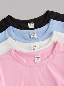 SHEIN Girlism 4入組青少女針織純色短袖休閒T恤套裝 - 淺藍色 - 查看 9