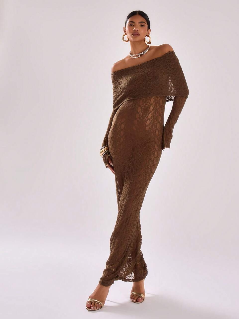 Sheer Lace Long Sleeve Bardot Fold Over Top Maxi Dress Vacation Spring Summer Beach Elegant Wedding Guest Long Dress