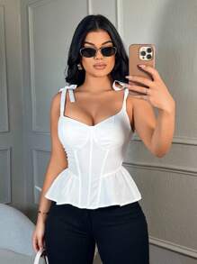 SHEIN SXY 女士纯色荷叶边下摆吊带背心白色上衣校园派对性感优雅 - 白色 - 查看 5