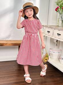 Vestido informal entero para niña tejido a cuadros con cuello redondo - Rojo y blanco - Ver 6