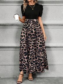 SHEIN Clasi Leopard Print Puff Sleeve Ruffle Hem Belted Dress Maxi Women Outfit - Multicolor - View 3