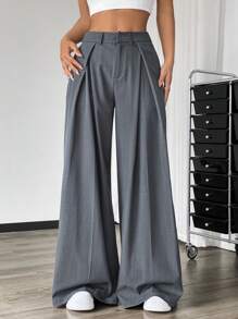SHEIN EZwear 高腰寬腿折皺純色長褲，流暢輪廓，休閒風格 - 黑色 - 查看 3