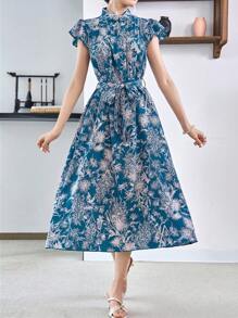 Modelyn 1 件植物图案前扣旗袍、旗袍/改良现代旗袍中式连衣裙 - 藍色 - 查看 4