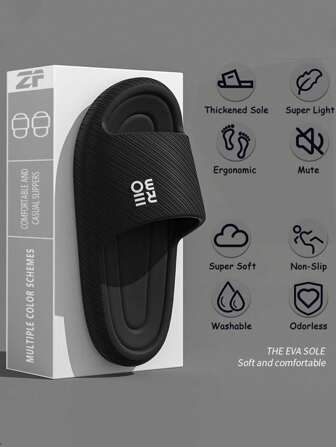 Novo Modelo de Moda Outono/Inverno, Chinelos Masculinos para Casa em Material EVA com Padrão de Letra, Sola Grossa e Macia em Sarja Preta, Silencioso, Resistente ao Desgaste, Antiderrapante e Respirável