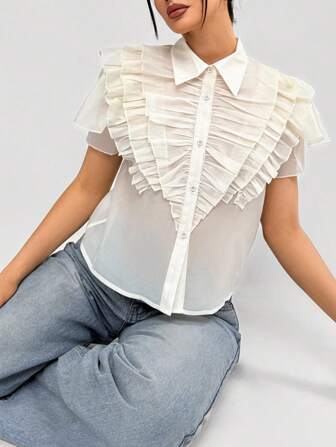 SHEIN Privé Women's Romantic Party/Resort Design Sense Ruffle Front Open Collar Short Sleeve See-Through Shirt