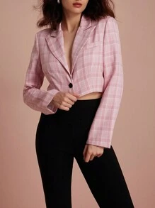 Aveloria Rosie Random Plaid Sweet American Casual Style Fashion Single Breasted Short Length Long Sleeve Blazer - Pink - View 5